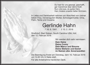 Traueranzeige von Gerlinde Hahn von Frankenpost