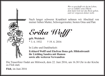 Traueranzeige von Erika Wolff von Südthüringer Presse