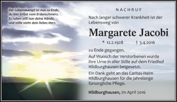 Traueranzeige von Margarete Jacobi von Südthüringer Presse