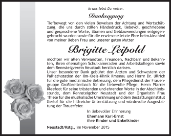 Traueranzeige von Brigitte Leipold von Südthüringer Presse