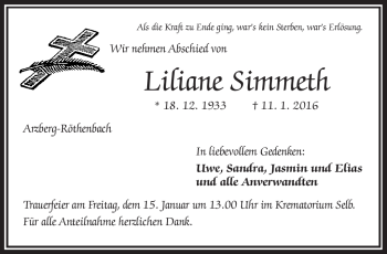 Traueranzeige von Liliane Simmeth von Frankenpost