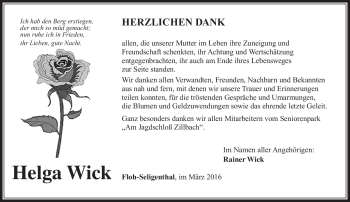 Traueranzeige von Helga Wick von Südthüringer Presse