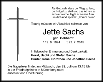 Traueranzeige von Jette Sachs von Frankenpost