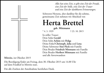 Traueranzeige von Herta Brettel von Neue Presse Coburg