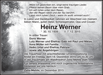 Traueranzeige von Heinz Werner von Südthüringer Presse