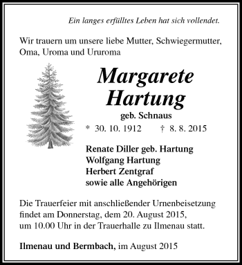 Traueranzeige von Margarete Hartung von Südthüringer Presse