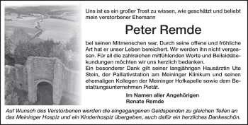 Traueranzeige von Peter Remde von Südthüringer Presse