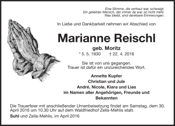 Traueranzeige von Marianne Reischl von Südthüringer Presse