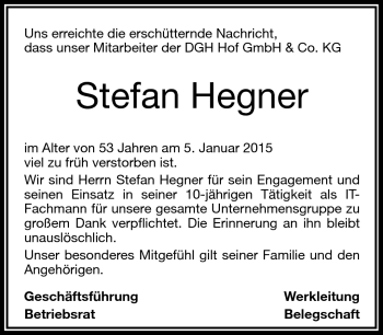 Traueranzeige von Stefan Hegner von Frankenpost