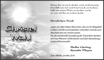 Traueranzeige von Christel Wahl von Südthüringer Presse