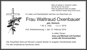 Traueranzeige von Waltraud Oxenbauer von Frankenpost
