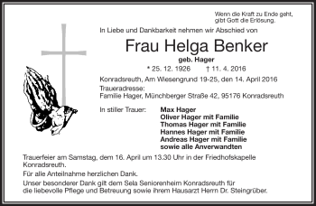 Traueranzeige von Helga Benker von Frankenpost