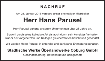 Traueranzeige von Hans Parusel von Neue Presse Coburg
