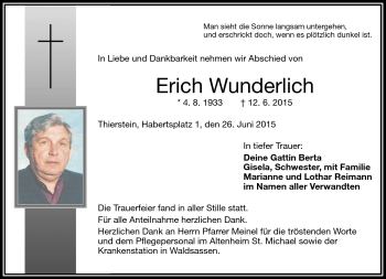 Traueranzeige von Erich Wunderlich von Frankenpost
