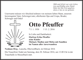 Traueranzeige von Otto Pfeuffer von Südthüringer Presse