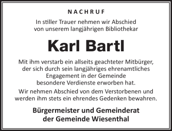 Traueranzeige von Karl Bartl von Südthüringer Presse