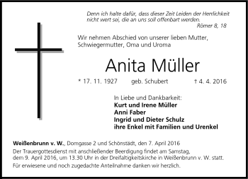 Traueranzeige von Anita Müller von Neue Presse Coburg