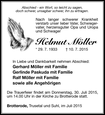 Traueranzeige von Helmut Möller von Südthüringer Presse
