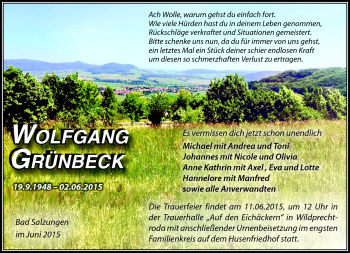 Traueranzeige von Wolfgang Grünbeck von Südthüringer Presse