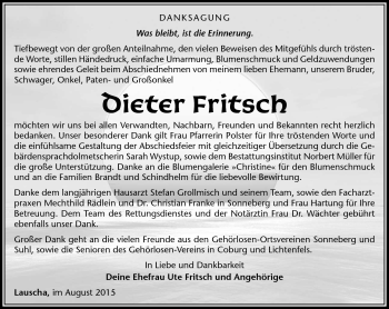 Traueranzeige von Dieter Fritsch von Südthüringer Presse