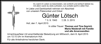 Traueranzeige von Günter Lötsch von Frankenpost