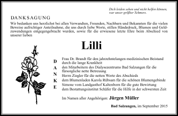 Traueranzeige von Lilli Müller von Südthüringer Presse