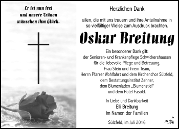 Traueranzeige von Oskar Breitung von Südthüringer Presse
