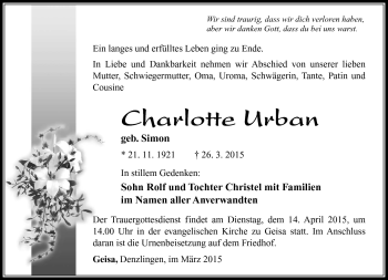 Traueranzeige von Charlotte Urban von Südthüringer Presse