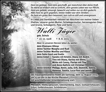 Traueranzeige von Walli Jäger von Südthüringer Presse