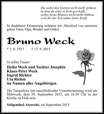Traueranzeige von Bruno Weck von Südthüringer Presse