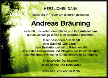 Traueranzeige von Andreas Bräuning von Südthüringer Presse