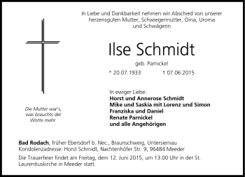 Traueranzeige von Ilse Schmidt von Neue Presse Coburg