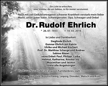 Traueranzeige von Rudolf Ehrlich von Südthüringer Presse