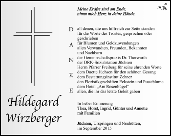Traueranzeige von Hildegard Wirzberger von Südthüringer Presse