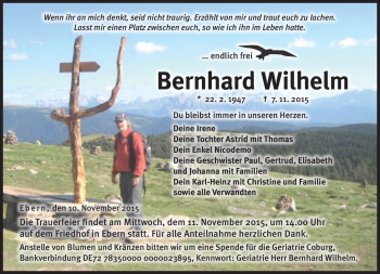 Traueranzeige von Bernhard Wilhelm von Neue Presse Coburg