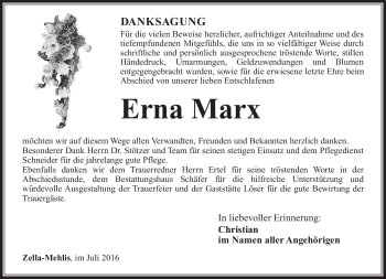 Traueranzeige von Erna Marx von Südthüringer Presse