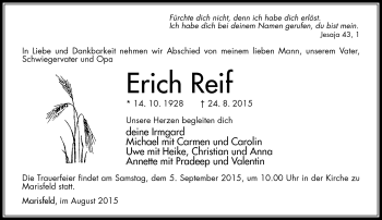 Traueranzeige von Erich Reif von Südthüringer Presse