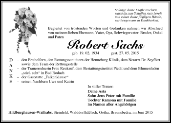 Traueranzeige von Robert Sachs von Südthüringer Presse