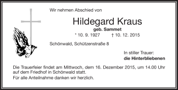 Traueranzeige von Hildegard Kraus von Frankenpost