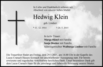 Traueranzeige von Hedwig Klein von Neue Presse Coburg