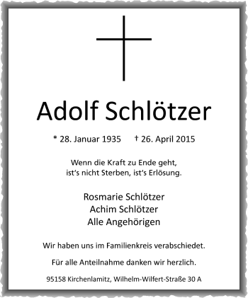 Traueranzeige von Schlötzer Adolf von Frankenpost
