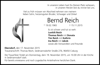 Traueranzeige von Bernd Reich von Neue Presse Coburg