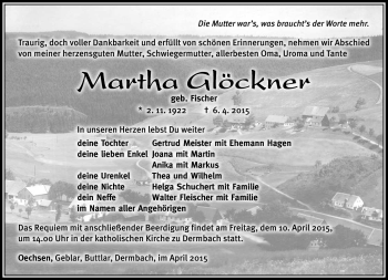 Traueranzeige von Martha Glöckner von Südthüringer Presse