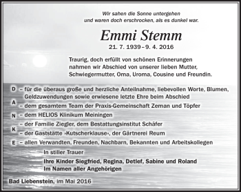 Traueranzeige von Emmi Stemm von Südthüringer Presse