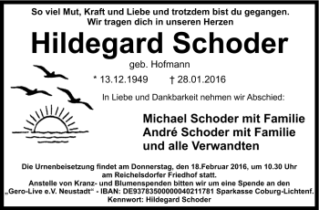 Traueranzeige von Hildegard Schoder von Neue Presse Coburg