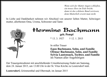 Traueranzeige von Hermine Bachmann von Südthüringer Presse
