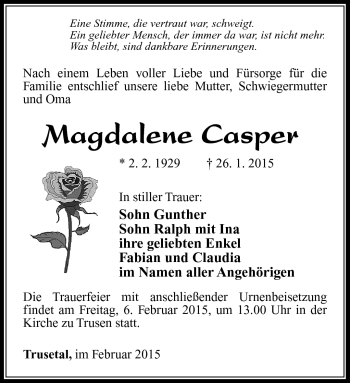 Traueranzeige von Magdalene Casper von Südthüringer Presse