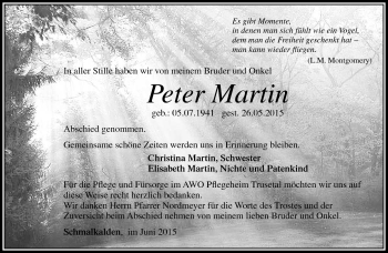 Traueranzeige von Peter Martin von Südthüringer Presse