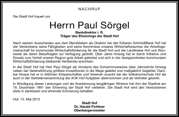 Traueranzeige von Paul Sörgel von Frankenpost
