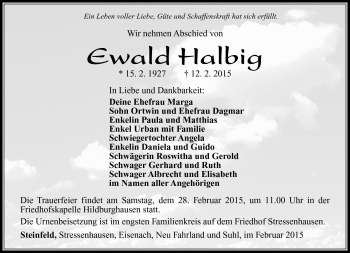 Traueranzeige von Ewald Halbig von Südthüringer Presse